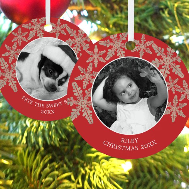 Modern Red Rustic Snowflake 2 Photo Chic Holiday Metal Tree Decoration (These red and faux wood rustic photo ornaments are easy to personalize)