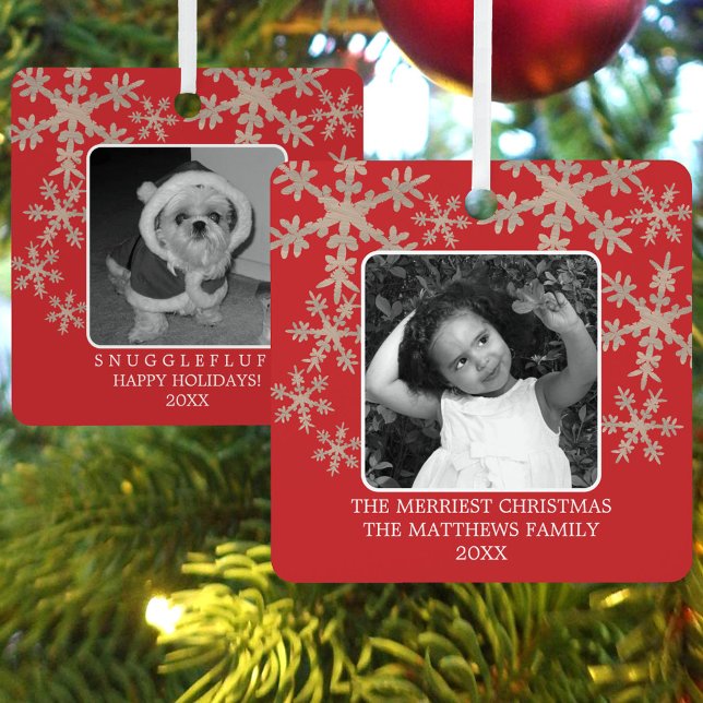 Modern Red Rustic Snowflake 2 Photo Cute Holiday Metal Tree Decoration (These 2 photo Christmas ornaments in red make cute keepsakes)