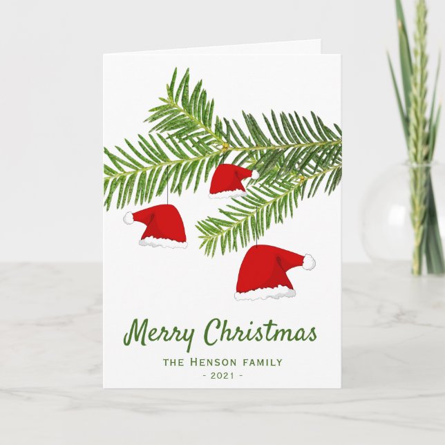 Modern Red Santa Hat Pine Merry Christmas  Holiday Card (Front)