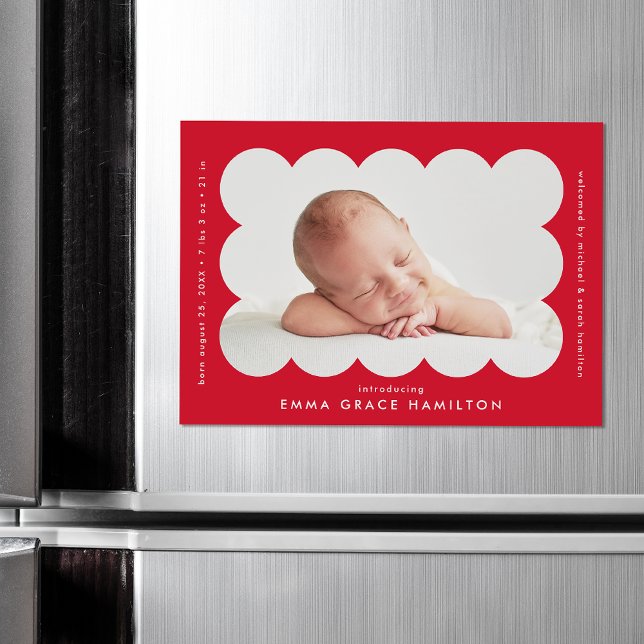 Modern Red Scalloped Photo Birth Announcement (Creator Uploaded)