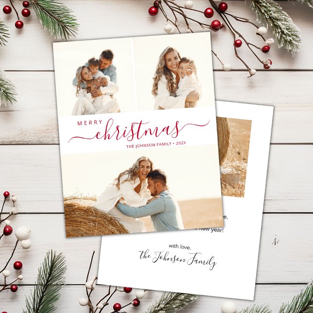 Modern Red Script 3 Photo Collage Christmas Card (Creator Uploaded)