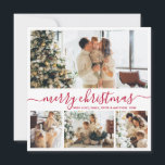 Modern Red Script 4 Photo Collage Christmas Holiday Card<br><div class="desc">Minimalist, Elegant Red Calligraphy 4 Photo Collage Merry Christmas Script Holiday Card. This festive, simple four (4) photo holiday card template feature a pretty grid photo collage and says „Merry Christmas”! The „Merry Christmas” greeting text is written in a beautiful hand lettering whimsical swirly swash-tail font script in red and...</div>