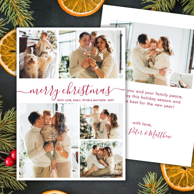 Modern Red Script 5 Photo Collage Christmas Holiday Card (Creator Uploaded)