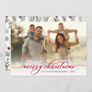 Modern Red Script Botanical Photo Christmas  Holiday Card