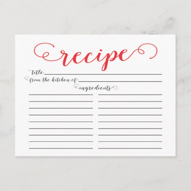 Modern Red Script Bridal Shower Recipe Cards (Front)