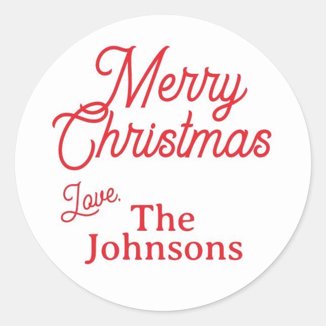 Modern Red Script Custom Name Merry Christmas Classic Round Sticker (Front)