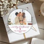 Modern Red Script Family Photo Merry Christmas Classic Round Sticker<br><div class="desc">Minimalist Modern Elegant Red Script "Merry Christmas" Calligraphy Family Photo Holiday Large Sticker.  Great for Mailing Accessories Envelope Seals and Gift Stickers.</div>