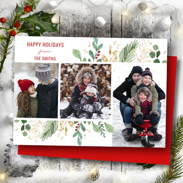 Modern Red Script Green Foliage Floral Festive Holiday Card (Creator Uploaded)