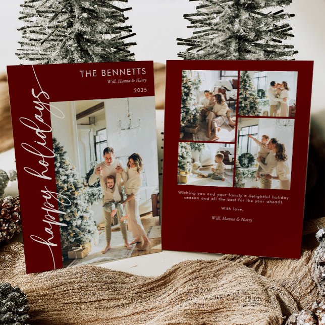 Modern Red Script Happy Holidays Photo Collage  Holiday Card (Creator Uploaded)