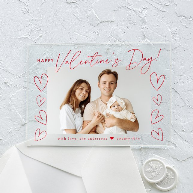 Modern Red Script Happy Valentine's Day Photo Acrylic Invitations (Creator Uploaded)