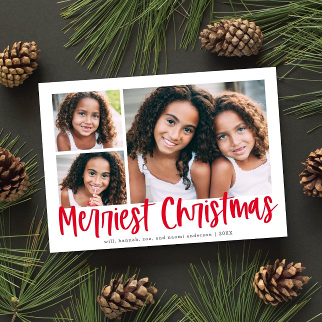 Modern Red Script Merriest Christmas 3 Photo Holiday Card (Creator Uploaded)