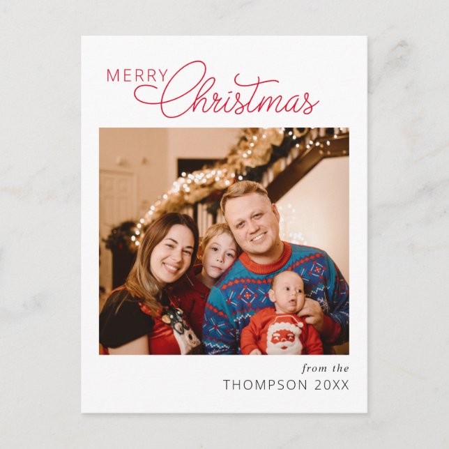 Modern Red Script Merry Christmas Photo Christmas Postcard (Front)