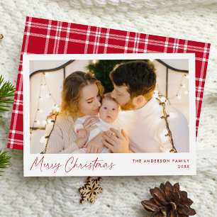 Modern Red Script Merry Christmas Photo Holiday Card