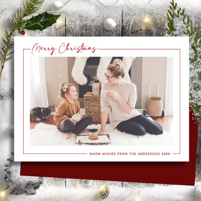 Modern Red Script Minimalist Photo Christmas Holiday Card (Creator Uploaded)