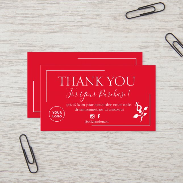 Modern Red script order thank you Business Card (Front/Back In Situ)