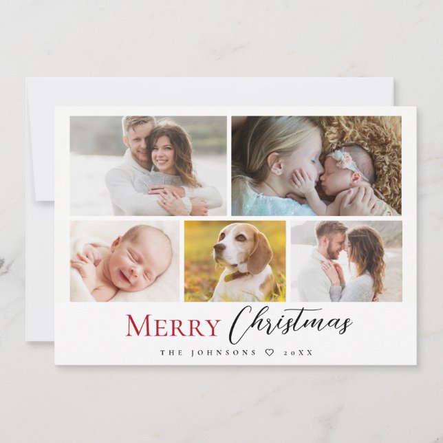 Modern Red Script Photo Collage Merry Christmas Holiday Card (Front)