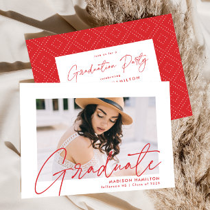 Modern Red Script Photo Graduation Party Invitation