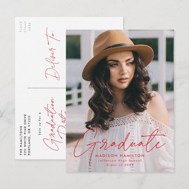 Modern Red Script Photo Graduation Party Invitation Postcard (Front/Back)