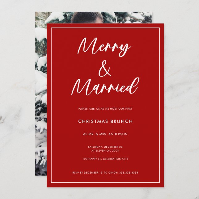 Modern Red Script Photo Merry Married Christmas  Invitation (Front/Back)