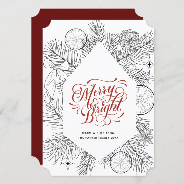 Modern Red Script Pine Bough Minimalist Floral Holiday Card (Creator Uploaded)