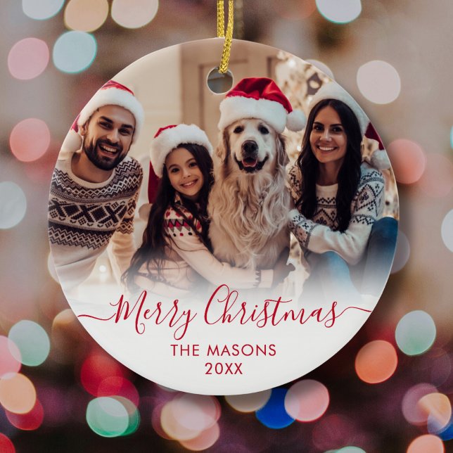 Modern Red Script White2 Photo Merry Christmas  Ceramic Tree Decoration (Creator Uploaded)