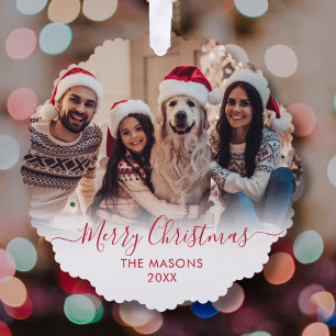 Modern Red Script White 2 Photo Christmas Tree Decoration Card