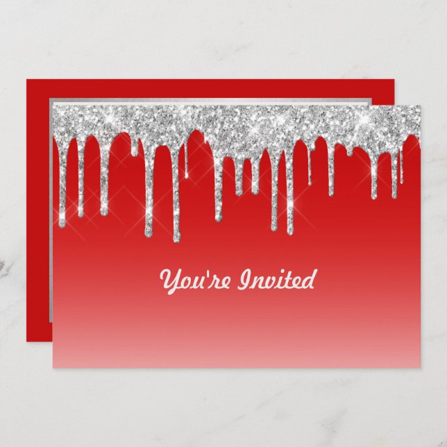Modern Red Silver Glitter Drips Birthday Invitation (Front/Back)