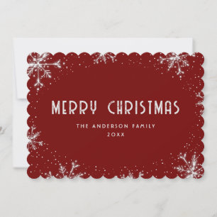 Modern Red Silver Snowflake Snow Christmas Card