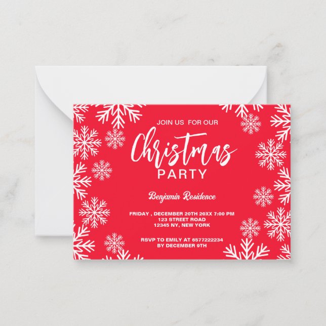 Modern Red Snow Christmas Party Card (Front)