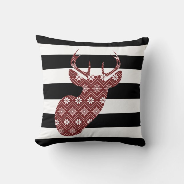 Modern Red Snow Deer Black + White Stripes Cushion (Front)