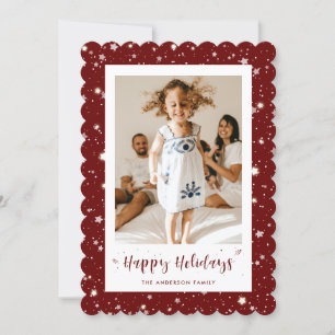Modern Red Snow Stars Photo Happy Holidays Card