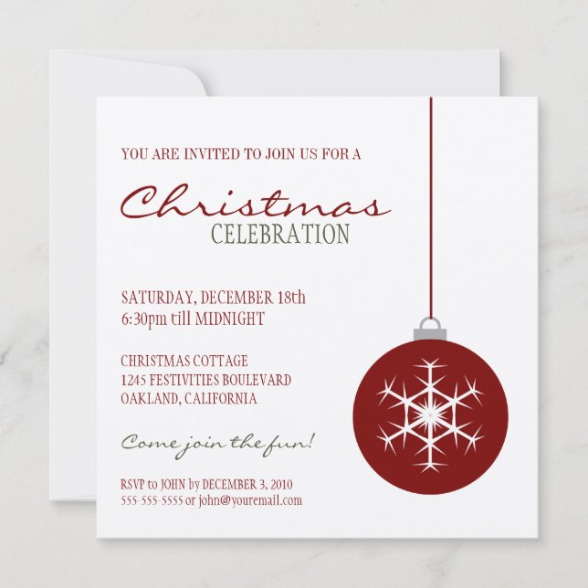 Modern Red Snowflake Bauble | Christmas Party Invitation (Front)