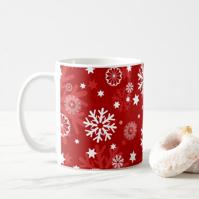 Modern Red Snowflake Christmas Coffee Mug (With Donut)