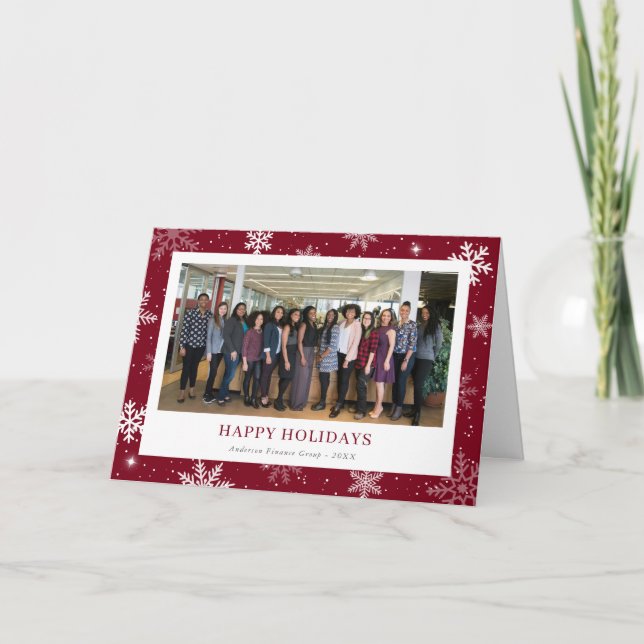 Modern Red Snowflake Photo Business Holiday Card (Front)