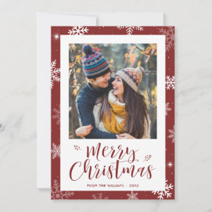 Modern Red Snowflake Photo Christmas Card