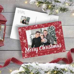 Modern Red Snowflake Photo Christmas Postcard