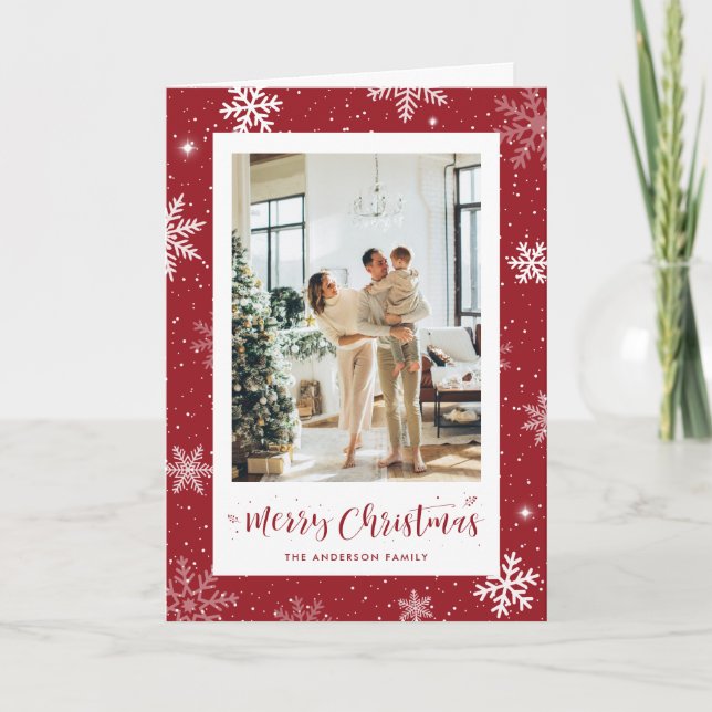 Modern Red Snowflake Photo Merry Christmas Holiday Card (Front)