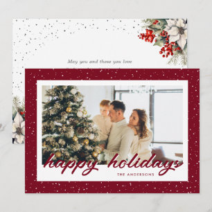 Modern Red Snowy Botanical Photo Holiday Card