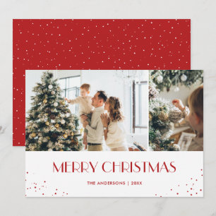Modern Red Snowy Merry Christmas 2 Photo Holiday Card