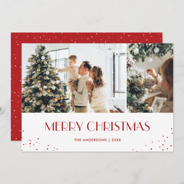 Modern Red Snowy Merry Christmas 2 Photo Holiday Card (Front/Back)