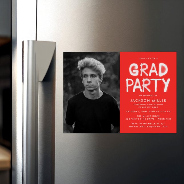Modern Red Spray Paint Photo Graduation Party Magnetic Invitation (Creator Uploaded)