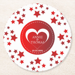 Modern Red Stars And Heart Round Paper Coaster