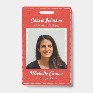 Modern Red Stitched Leather Photo Employee ID Badge