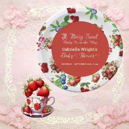 Modern Red Strawberry Blue Berry Sweet Baby Shower Paper Plate