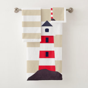Modern Red Striped Lighthouse Bath Towel Set