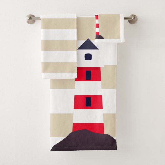 Modern Red Striped Lighthouse Bath Towel Set (Insitu)