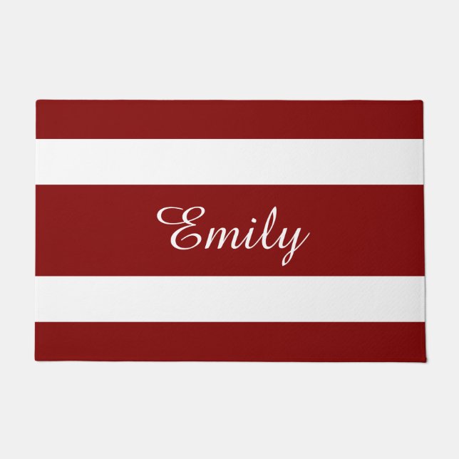 Modern Red Striped Name  Doormat (Front)