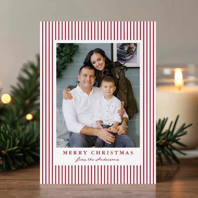 Modern Red Stripes Merry Christmas 2 Photo Holiday Card (Creator Uploaded)