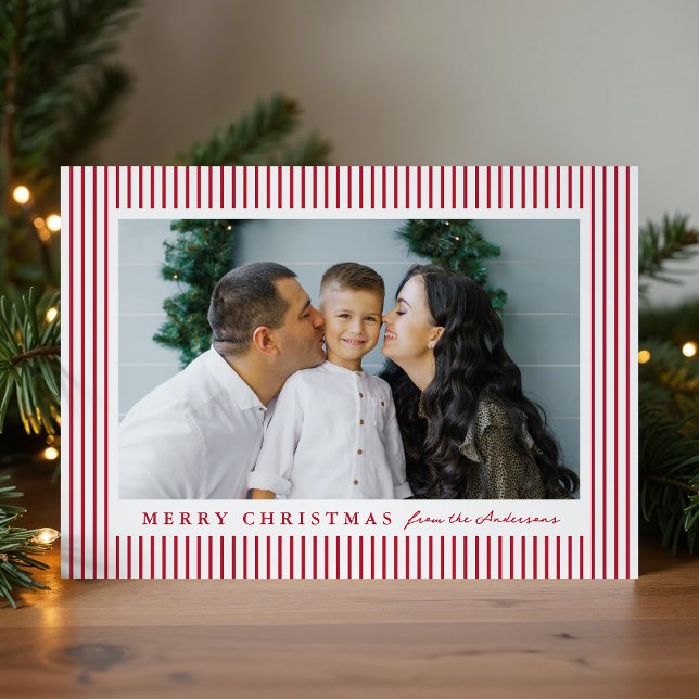Modern Red Stripes Merry Christmas 2 Photo Holiday Card (Creator Uploaded)