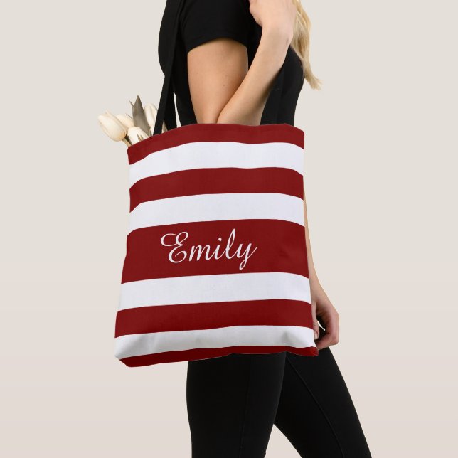 Modern Red Stripes Name  Tote Bag (Close Up)